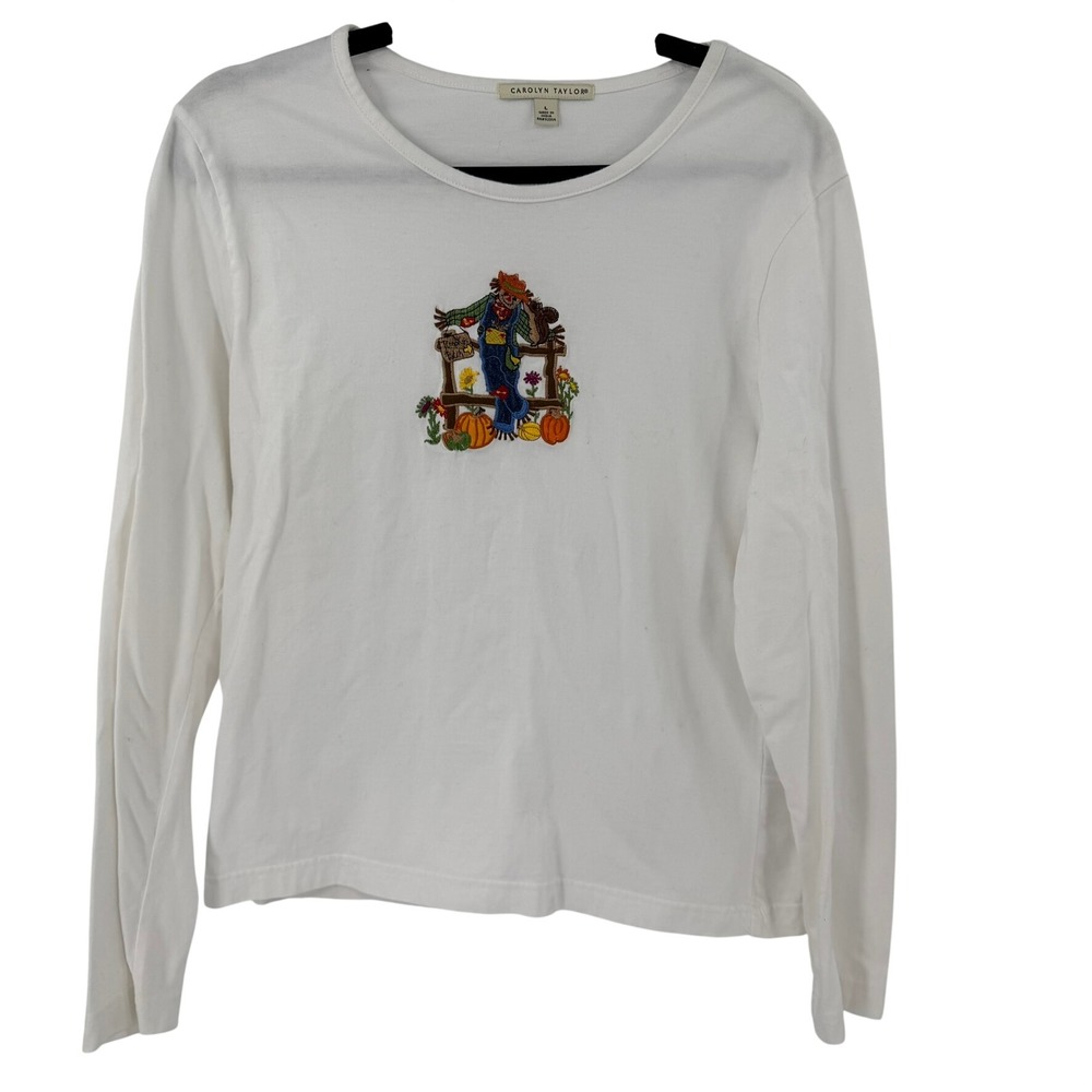Carolyn Taylor Womens White Scarecrow Pumpkin Fall Embroidered Long Sleeve Top L